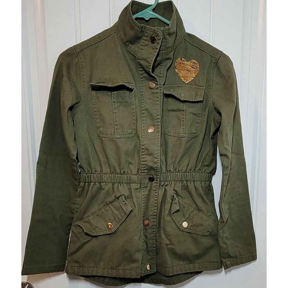 Me Jane Size 12 (Youth) Army Green Jacket with Gold Sequin Heart on the Chest